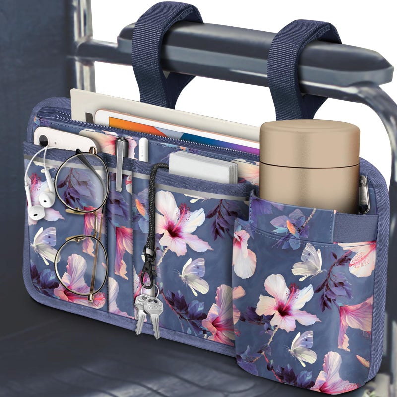 FINPAC Wheelchair Side Storage Bag wCup Holder Wheelchair Armrest Accessories Pouch with Pen Slot and Reflective Strips for Power Walkers Rollators Seniors Blooming Hibiscus